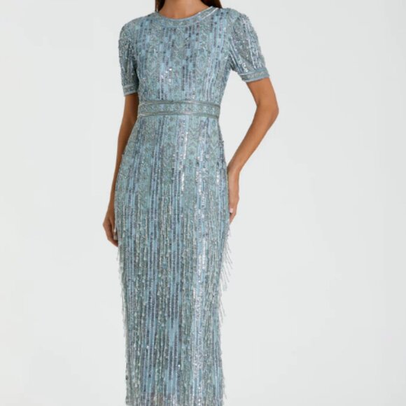 MAC DUGGAL 5980 HIGH NECK SHORT SLEEVE CRYSTAL FRINGE FRENCH BLUE MIDI DRESS 12 - Picture 4 of 6